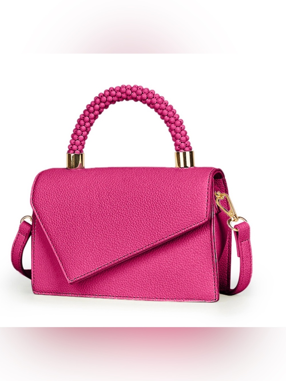 Structured Hot Pink Top-Handle Crossbody Bag with Beaded Handle - Picture 2 of 8